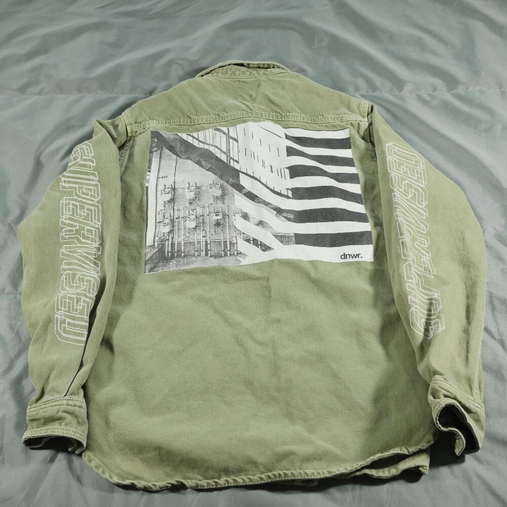Zara Jacket Mens Green Denim Snap Button Relaxed Fit Graphics Supervise